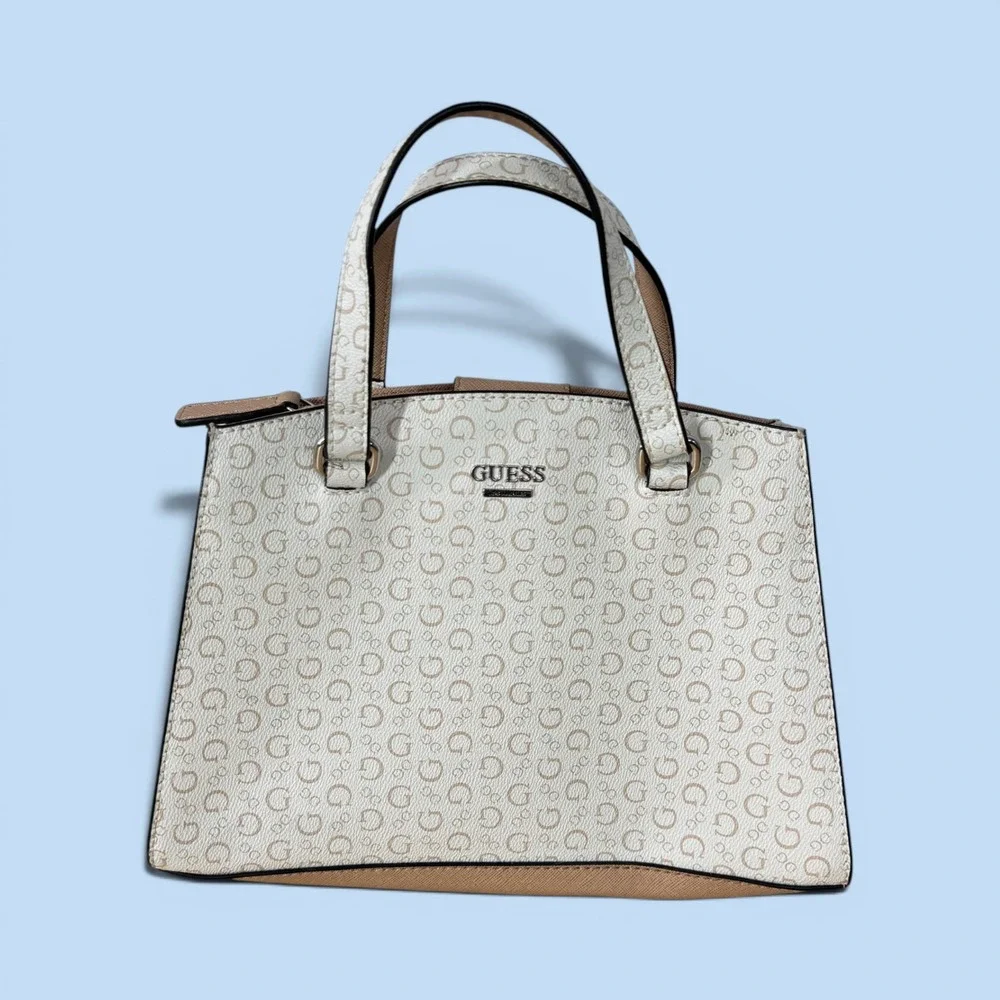 Guess Los Angeles Women Cream Tan Monogram Logo Satchel Handbag Silver‎ Hardware